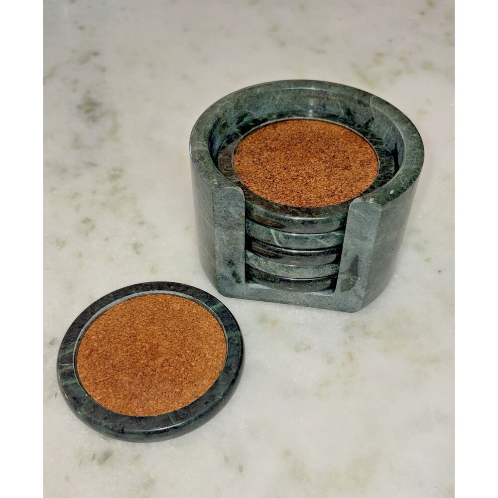 Jade Green Marble Coasters 7 Piece Set Vintage 1980s Cork Top, Felt Back, Taiwan